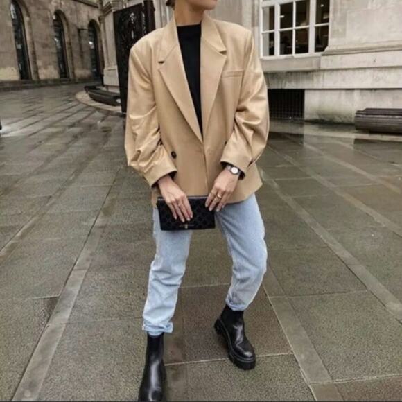 Zara Women Pleated Sleeve Blazer Light Camel Size US Medium - Picture 3 of 16